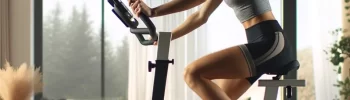 Une jeune femme sportive fait du vélo d'appartement dans un intérieur moderne.