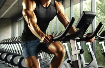 Un homme musclé en débardeur fait du vélo d'appartement dans une salle de sport.